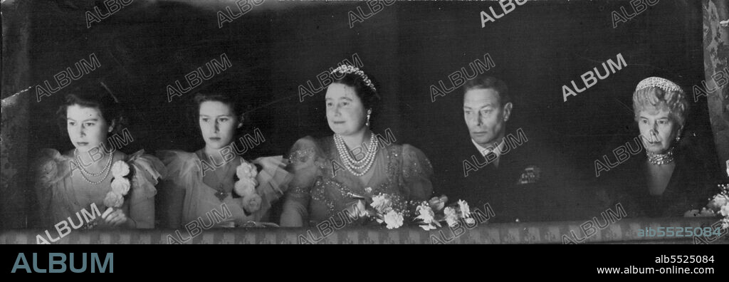 Royal Family Attend The Reopening of The Royal Opera House, Covent Garden -- Left to right - Princess Elizabeth; Princess Margaret; H.M. the Queen; H.M. the King; and Queen Mary in the Royal box at the Royal Opera House, Covent Garden, London, during the opening performance of the season.A brilliant audience greeted the reopening of the Royal Opera House, Covent Garden, when the Sadler's Wells ballet company performed the Tchaikovsky ballet," The sleeping Beauty". Their Majesties the King and Queen, were present, accompanied by Queen Mary, Princess Elizabeth and Princess Margaret. The audience also include the Prime Minister and Mrs. Attlee, as well as many Cabinet Ministers and foreign diplomats. The building itself escaped damage during the war, and was easily restored to its traditional splendour. February 20, 1946.