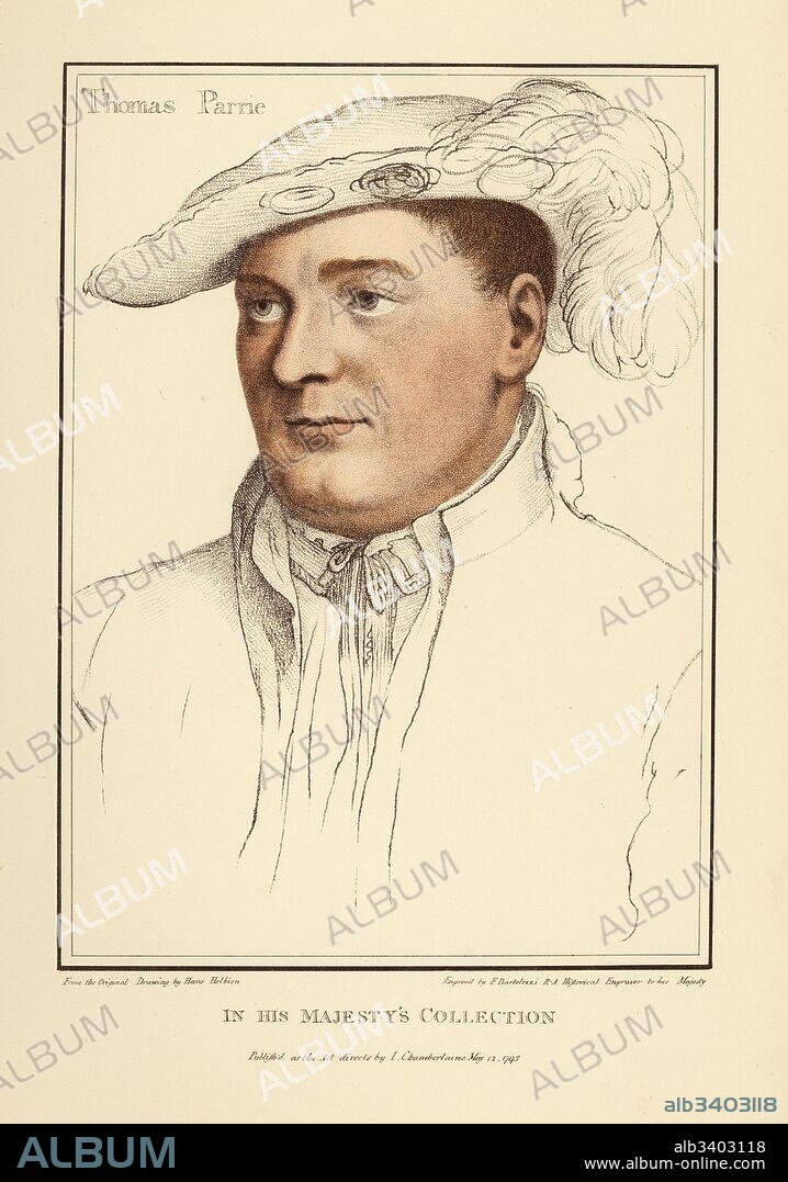 Sir Thomas Parry (1515-1560), Comptroller of the Household to Queen Elizabeth I of England. Handcoloured copperplate engraving by Francis Bartolozzi after Hans Holbein from Facsimiles of Original Drawings by Hans Holbein, Hamilton, Adams, London, 1884.