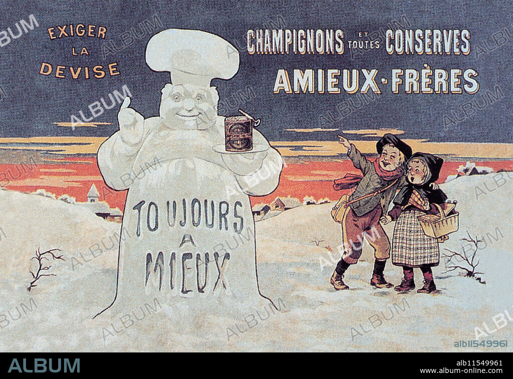 EUGENE OGE. French advertising poster for canned mushrooms by Amieux -Freres.   Maurice Etienne Amieux, born in 1807 in Villar-d'Arene , who died in 1865 in Nantes , first canner family, grandfather of Amieux Brothers, was a pioneer of agro-industrial development in Britain .  His business started with sardines and continued to expand over the decades.  Eugène Ogé (1861-1936) was French poster artist with a unique and playful style.