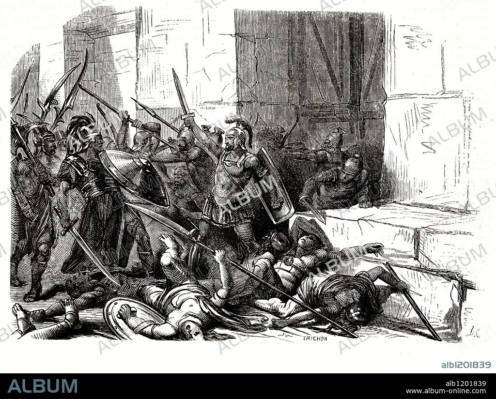 Flavio Belisario (494-565), general bizantino. Justiniano le nombró primer general del Imperio Romano. Defendió Roma con heroísmo frente a los ostrogodos dirigidos por su Rey Vitiges, los años 537 y 538. Grabado de 1866.