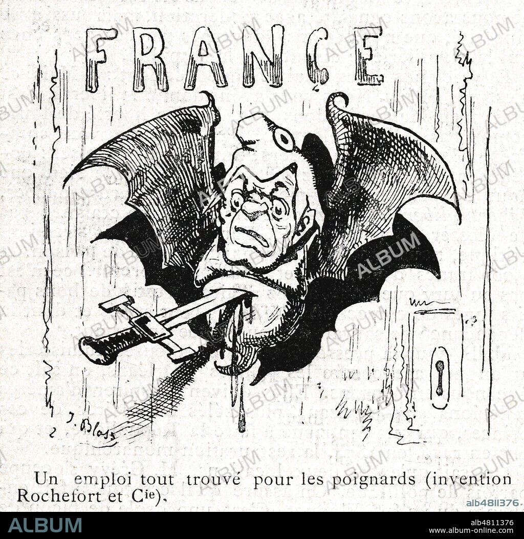 Un emploi tout trouve pour les poignards (invention Rochefort et Cie). Caricature de J.BLASS (1847-1892) pour la revue satirique royaliste Le Triboulet du 28 janvier 1883. Credit : Collection Kharbine-Tapabor.