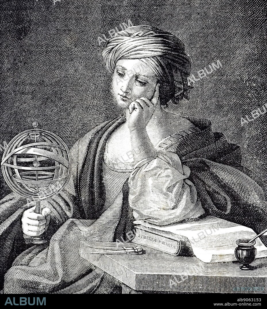 An allegorical picture of Astronomy shown holding an armillary sphere. Dated 19th century.
