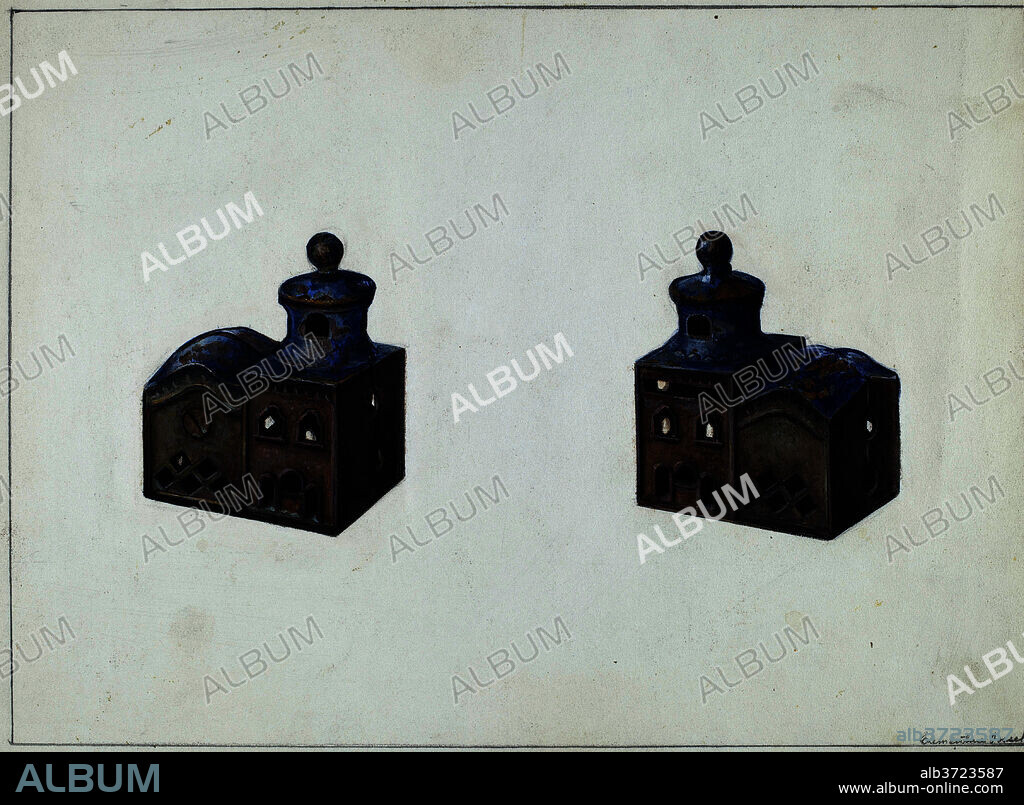 CLEMENTINE FOSSEK. Russian Church Coin Bank. Dated: c. 1938. Dimensions: overall: 21 x 28.8 cm (8 1/4 x 11 5/16 in.)  Original IAD Object: 3" high; 2 3/8" wide; 1 5/8" deep. Medium: watercolor, graphite, and pen and ink on paper.