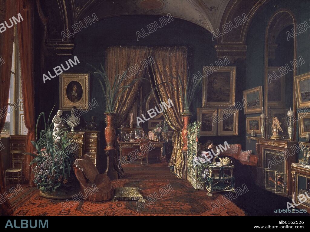 GIUSEPPE CASTIGLIONE. SALON DEL PALACIO DE LAS TULLERIAS CON LA EMPERATRIZ EUGENIA DE MONTIJO LEYENDO - SIGLO XIX.