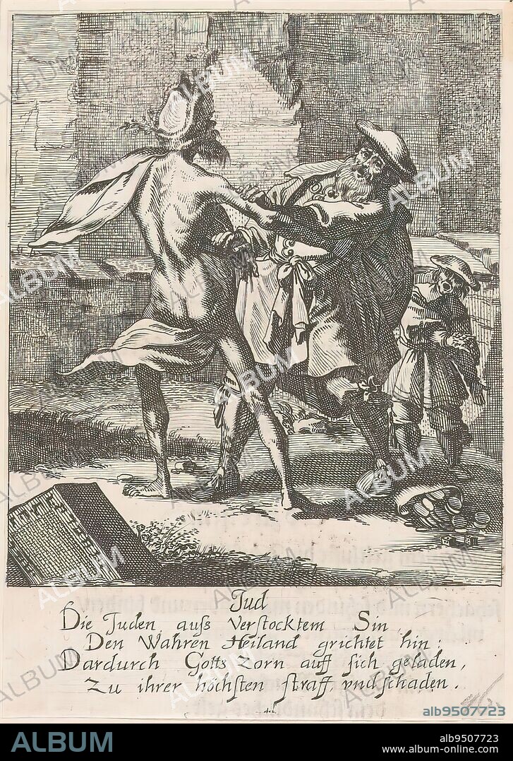 Jew and Death, Jud (title on object), The Dance of Death (series title), A Jew (identified by the circle on his doublet) in a struggle with Death in the guise of a skinny naked man wearing some kind of turban. beside him on the ground a bag of coins. Behind him a child., print maker: Conrad Meyer, (mentioned on object), print maker: Rudolph Meyer, after design by: Conrad Meyer, (mentioned on object), 1650, paper, etching, height 129 mm × width 90 mm.