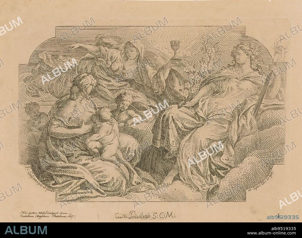 Female personifications of three divine virtues, Ceiling paintings in the Sacrestia di Solimena (series title), Love (Caritas), Faith (Fides) and Hope (Spes) on a cloudscape. Numbered lower right: I., print maker: Martin Speer, (mentioned on object), after own design by: Martin Speer, (mentioned on object), after painting by: Francesco Solimena, (mentioned on object), print maker: Regensburg, after painting by: Naples, publisher: Regensburg, 1817, paper, etching, height 185 mm × width 252 mm.