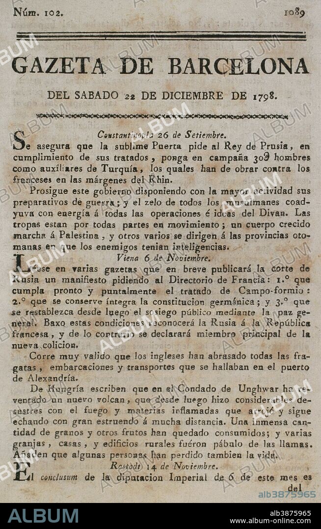 Gazeta de Barcelona, 22 de diciembre de 1798. Núm. 102. Portada. Biblioteca Histórico Militar de Barcelona. Cataluña. España.