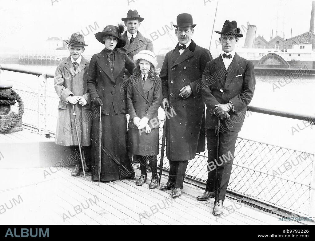 September 19, 1913. The Kings of Greece in England. The royal family of Greece, Composed of Prince Alexander, Princess Helena, Duke of Sparta, Princess Irene, King of Greece and Prince Paul, on board the ship that took them from Ostend to Dover.