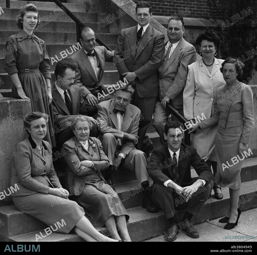 The project staff of the Institute for Sex Research, Indiana University, August 1953. Front row (left to right): Cornelia V. Christenson; Mrs. Leser; Clyde E. Martin. Arranged on steps (left to right): Mrs. Brown; Paul H. Gebhard; William Dellenback; Alfred E. Kinsey; Wardell B. Pomeroy; Dr. Davis; Eleanor Roehr; Dorothy Collins. Alfred Charles Kinsey (June 23, 1894 - August 25, 1956) was an American biologist, professor of entomology and zoology, and sexologist who in 1947 founded the Institute for Sex Research at Indiana University, now known as the Kinsey Institute for Research in Sex, Gender, and Reproduction. He is best known for writing Sexual Behavior in the Human Male (1948) and Sexual Behavior in the Human Female (1953), also known as the Kinsey Reports, as well as the Kinsey scale. His research on human sexuality, foundational to the field of sexology, provoked controversy in the 1940s and 1950s. His work has profoundly influenced social and cultural values in the United States, as well as internationally. Kinsey was bisexual and polyamorous. He allowed his wife to sleep with other men (as well as with him) and he himself slept with other men. His research went beyond theory and interview to include observation of and participation in sexual activity, sometimes involving co-workers. He died in1956, at the age of 62. The cause of death was reported to be a heart ailment and pneumonia.