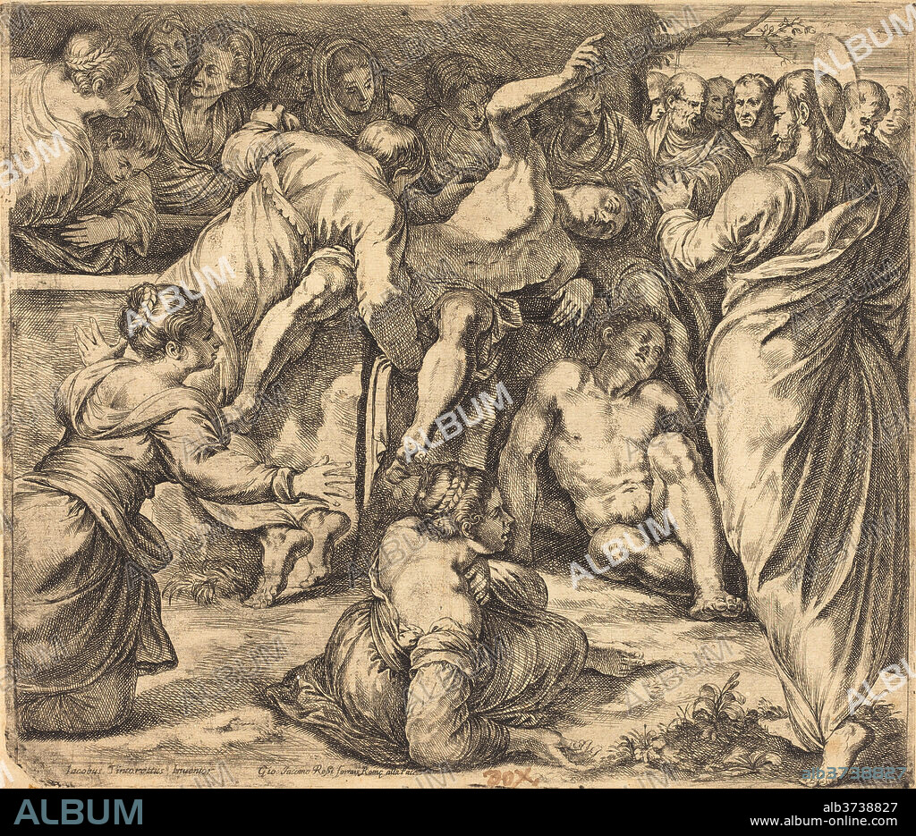 GUGLIELMO CORTESE AFTER TINTORETTO. The Raising of Lazarus. Dimensions: sheet: 33.3 x 38.4 cm (13 1/8 x 15 1/8 in.)  plate: 32.9 x 37.8 cm (12 15/16 x 14 7/8 in.) [irregular]. Medium: etching on laid paper.