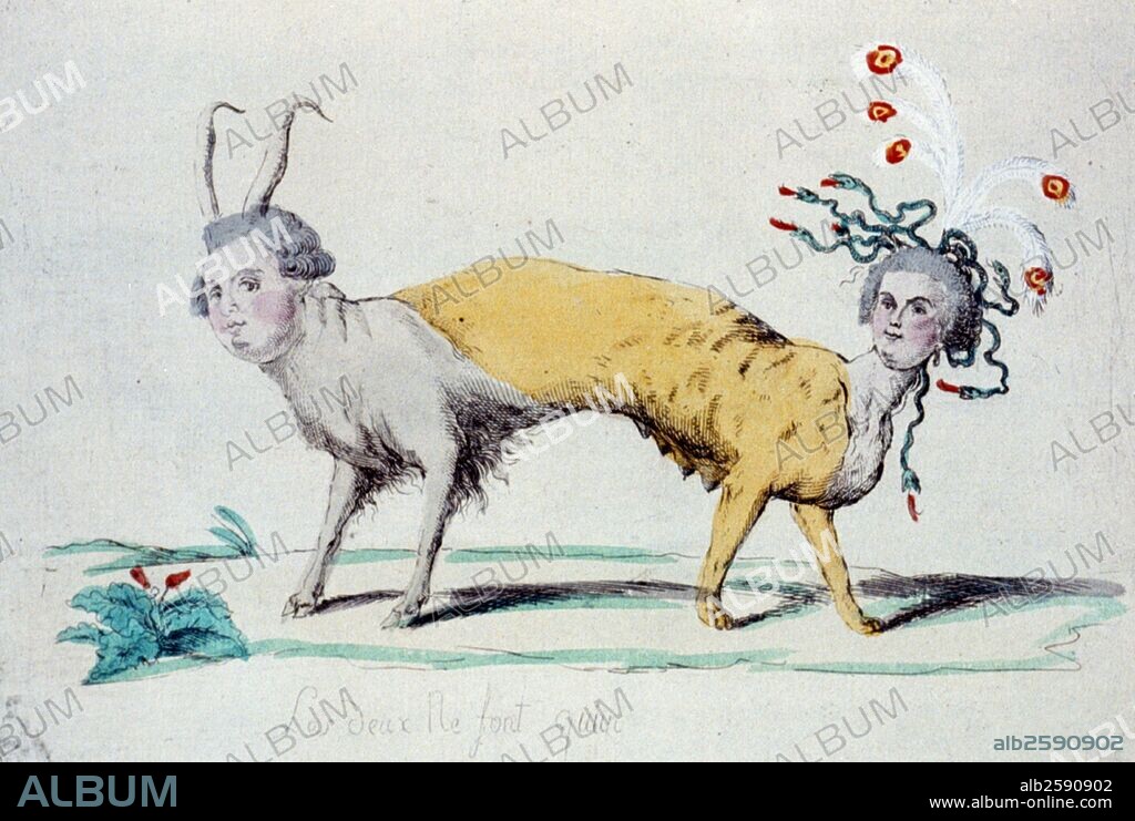 Les deux ne font qu'un. Louis XVI and Marie Antoinette as a two-headed monster pulling in opposite directions; Louis wears the horns of a cuckold and Marie Antoinette has the head of Medusa wearing ostrich feathers. The French Revolution saw the decline of powerful churches and monarchies and the rise of democracy and nationalism.