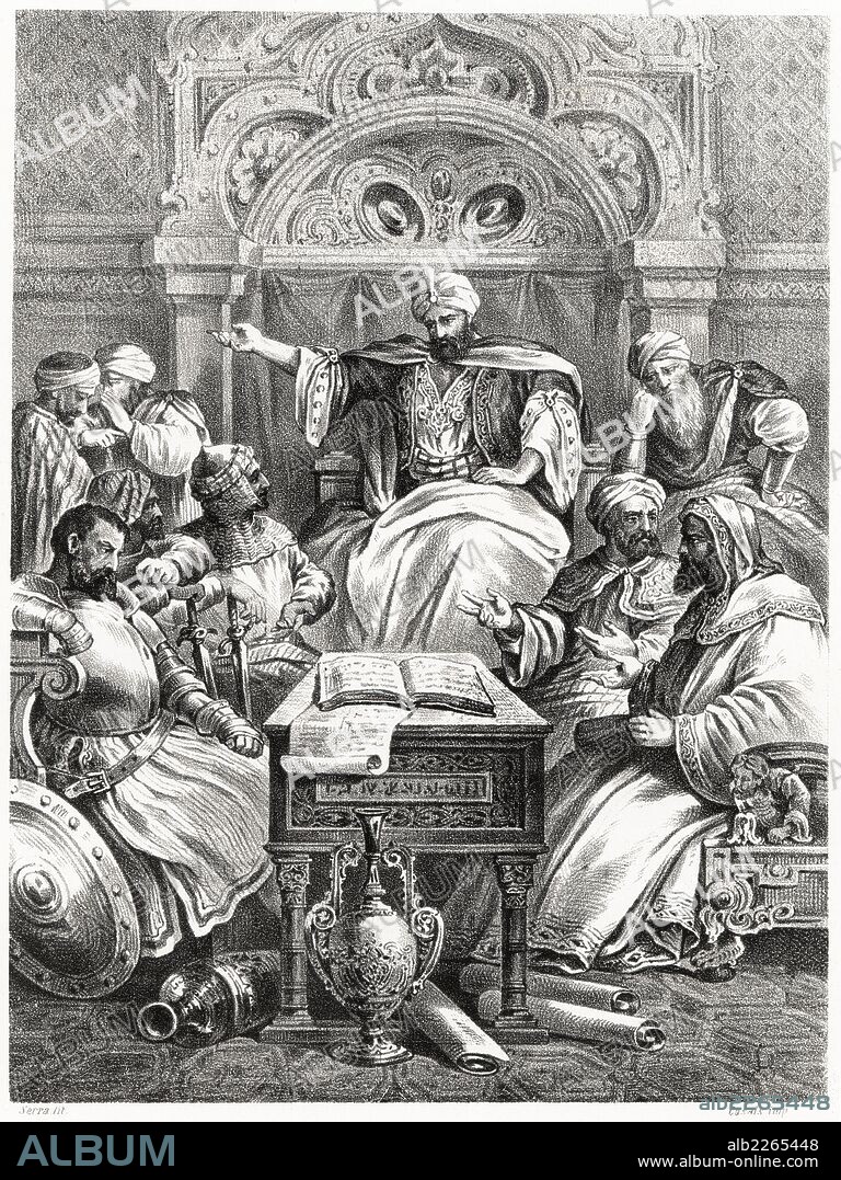 Historia de España. El califa Alhakén II (615-976), califa omeya de Córdoba, rodeado de escritores y filósofos de su tiempo en el año 970. Grabado de 1872.
