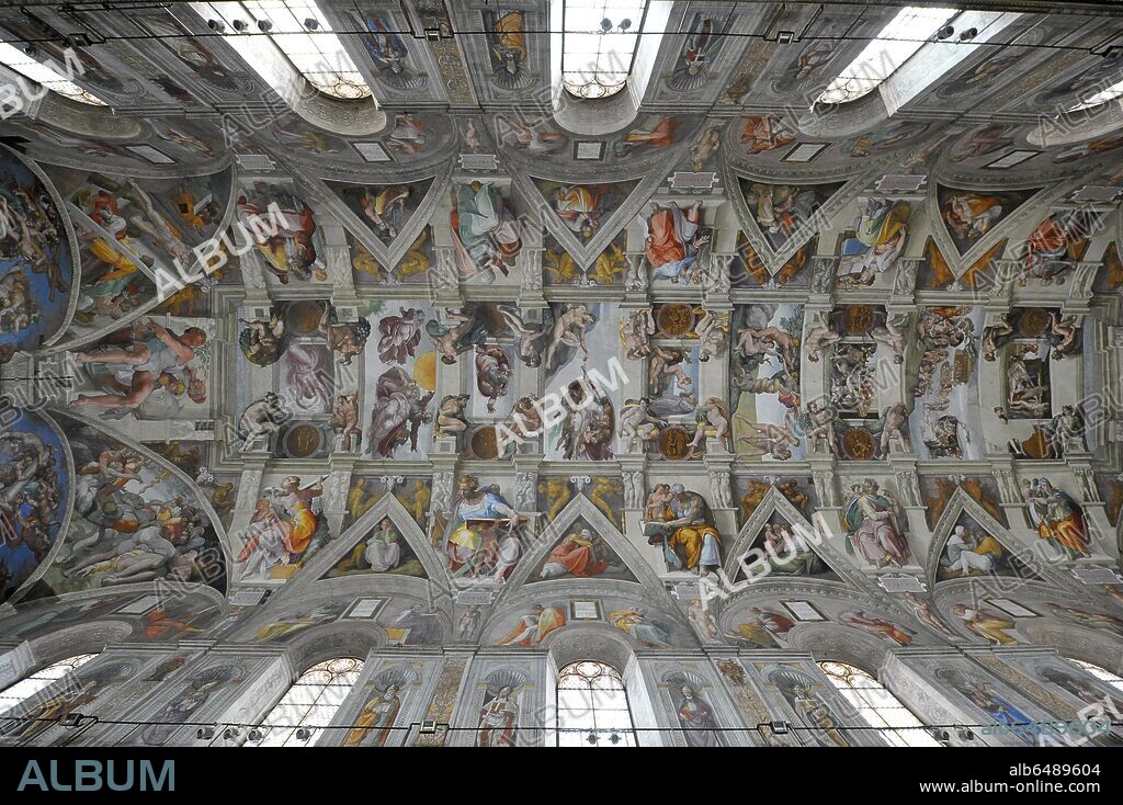 Deckenmalerei in der Sixtinischen Kapelle in den Vatikanischen Museen in Rom, aufgenommen am 18.05.2010. Die Fresken von Michelangelo Buonarroti (1475 - 1564) mit dem berühmten Bild "Die Erschaffung Adams" (Mitte) und anderer Künstler in der Cappella Sistina waren in den 1990er Jahren restauriert worden. Die Sixtinische Kapelle gehört zu den Hauptsehenswürdigkeiten der Vatikanischen Museen. Foto: David Ebener dpa. 18/05/2010