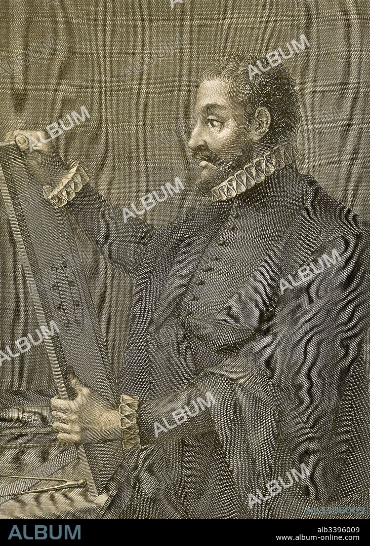 Juan de Herrera (Mobellán, Santander,1530-Madrid, 1579). Arquitecto español. Participó en la construcción del monasterio de El Escorial. Grabado de "Varones Ilustres".