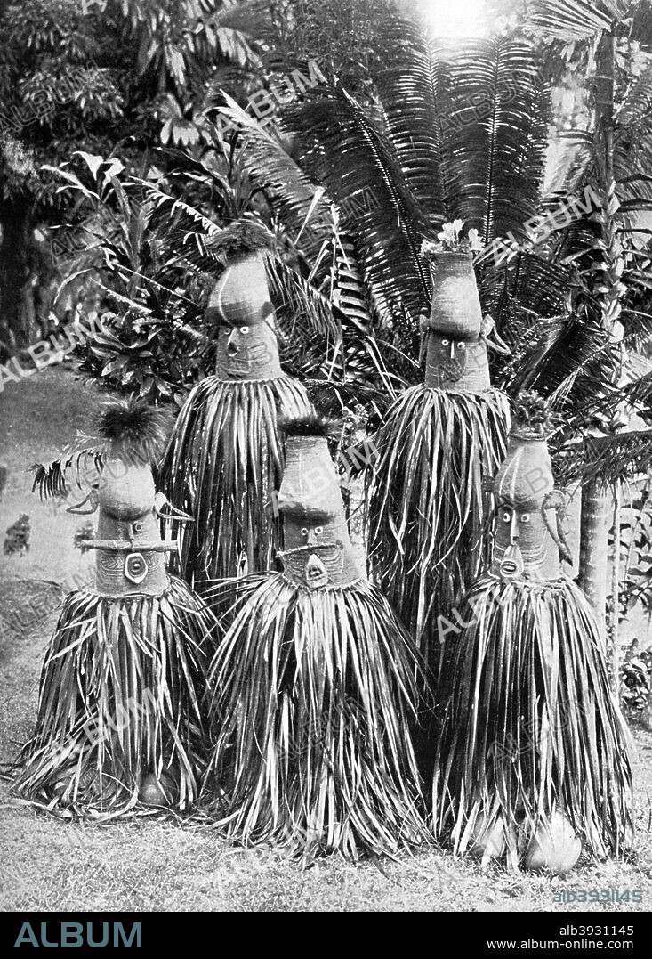 Masks possessing magical qualities, Bismarck Archipelago, Papua New Guinea, 1920. These distinctive masks are worn by members of the Duk Duk society, a secret society of the Tolai people of the Rabaul area of New Britain, the largest island of the Bismarck Archipelago. The society has religious, political and social objectives and traditionally enforced law and order among the Tolai. A print from Customs of the World, Hutchinson and Company, 1920.