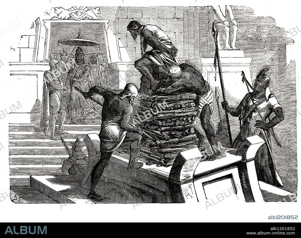Creso, rey de Lidia, derrotado por Ciro II el Grande (600-528 a.c), rey de Persia, condenado a muerte en la hoguera. Grabado de 1866.