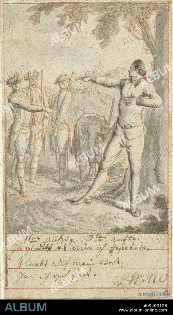 Design for a print, Alexis and Brigadier Courchemin with soldiers at lime tree Designs for illustrations for Le Deserteur by Jean-Michel Sedaine (series title), draughtsman: Daniel Nikolaus Chodowiecki, 1770 - 1775, paper, pen, brush, h 90 mm × w 52 mm.