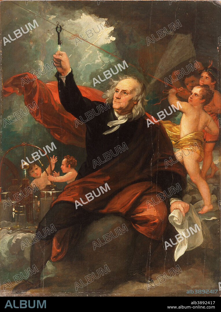 BENJAMIN WEST. Benjamin Franklin Drawing Electricity from the Sky. Date/Period: Ca. 1816. Painting. Oil on slate Oil on slate. Height: 340.11 mm (13.39 in); Width: 256.29 mm (10.09 in).