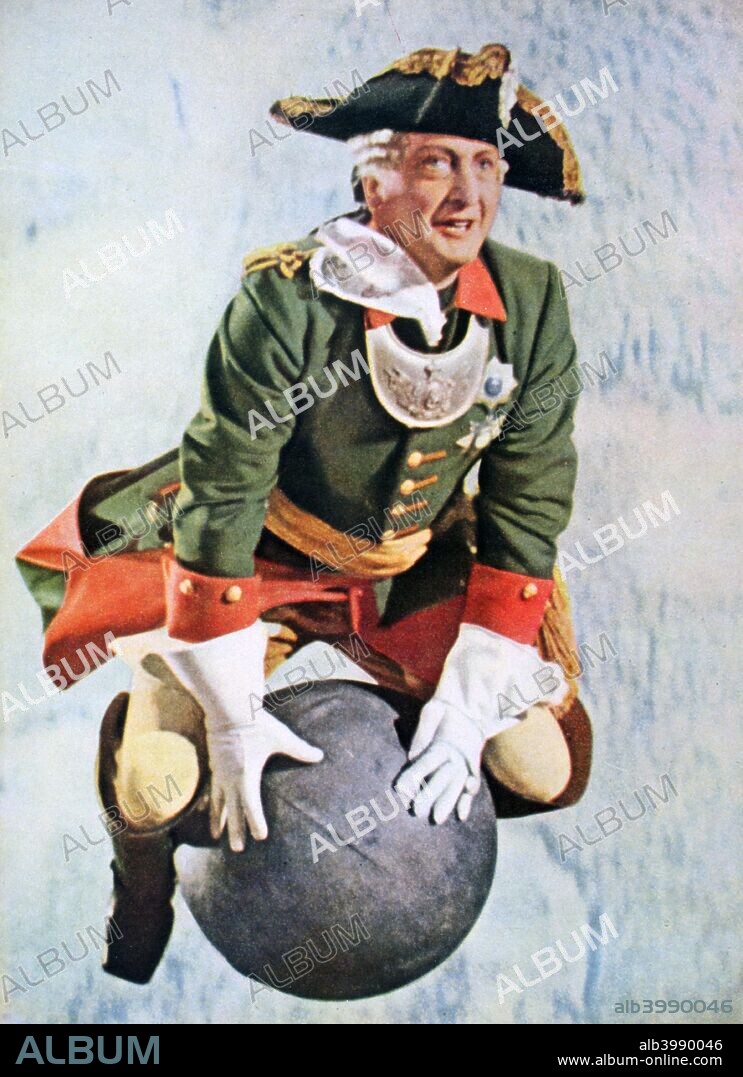 Münchhausen, 1943. Baron Münchhausen, played by Hans Albers, flying on a cannon ball, in Josef von Báky's 1943 film Münchhausen. A print from Signal, April 1943. Signal was a magazine published by the German Third Reich from 1940 through 1945.