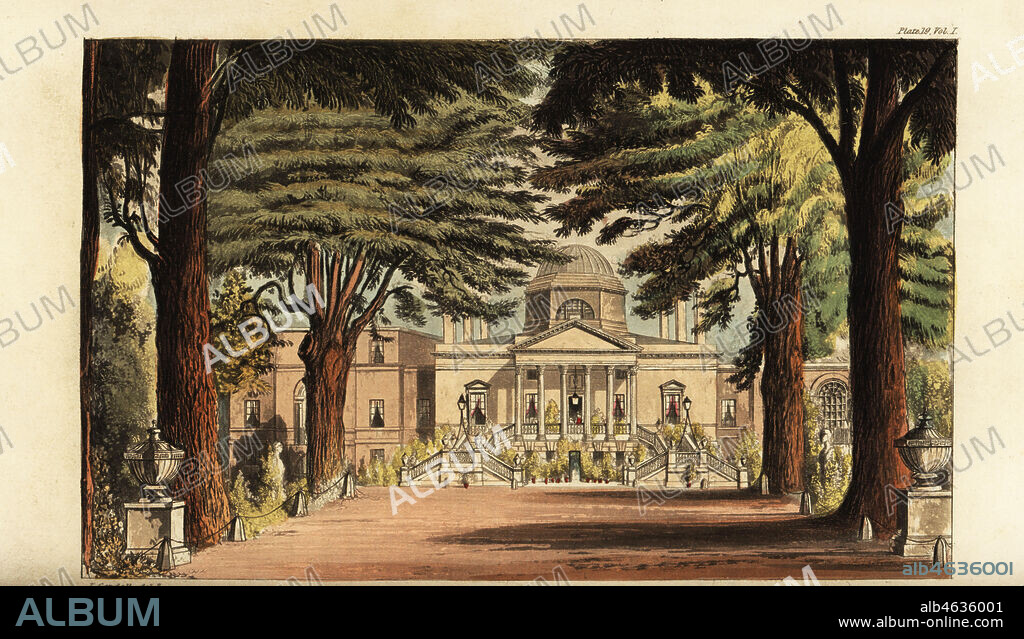 Chiswick House, Palladian villa designed by architect William Kent and built by Richard Boyle, 3rd Earl of Burlington. Handcoloured copperplate engraving after an illustration by John Gendall from Rudolph Ackermanns Repository of Arts, London, 1823.