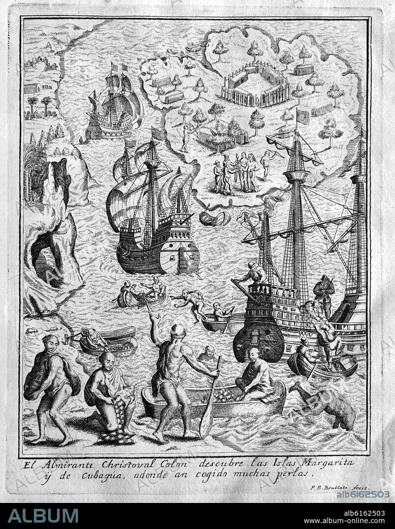GRABADO-COLON DESCUBRE LAS ISLAS MARGARITA Y CUBAGUA(VENEZUELA) EN 1498.