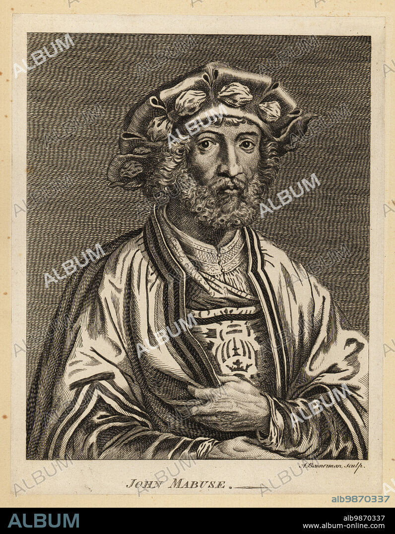 Portrait of John Mabuse or Jan Gossaert, French-speaking painter from the Low Countries, c.1478-1532. Jan Mabuse or Jennyn van Hennegouwe. Copperplate engraving by Alexander Bannerman after a portrait by an unknown artist from Horace Walpoles Anecdotes of Painting in England, London, 1765.