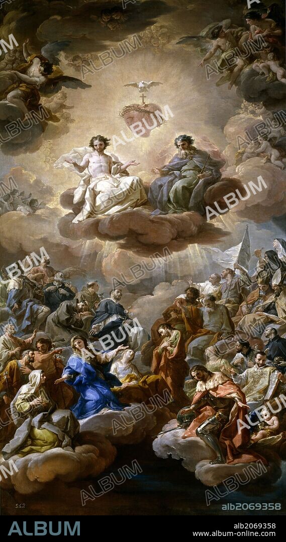 Corrado Giaquinto / 'La Santísima Trinidad', Hacia 1754, Escuela Italiana, Óleo sobre Lienzo, 295 cm x 170 cm, P05444.