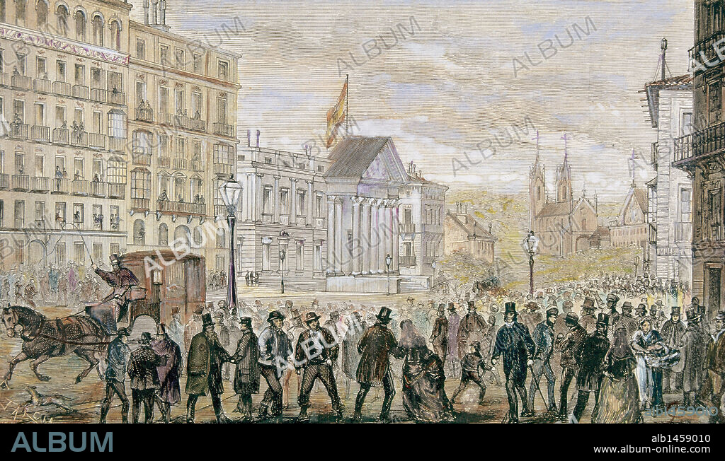 SOCIEDAD SIGLO XIX. ESPAÑA. MADRID. Vista de LA CARRERA DE SAN JERONIMO por la tarde. Grabado coloreado del siglo XIX.