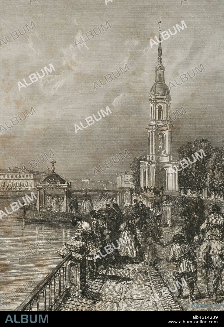 Rusia. San Petersburgo. Torre campanario de la Catedral de San Nicolás de los Marinos, construida en el siglo XVIII. Grabado por Lemaitre y Lalaisse. Historia de Rusia por Chopin. Panorama Universal, edición española de 1839.