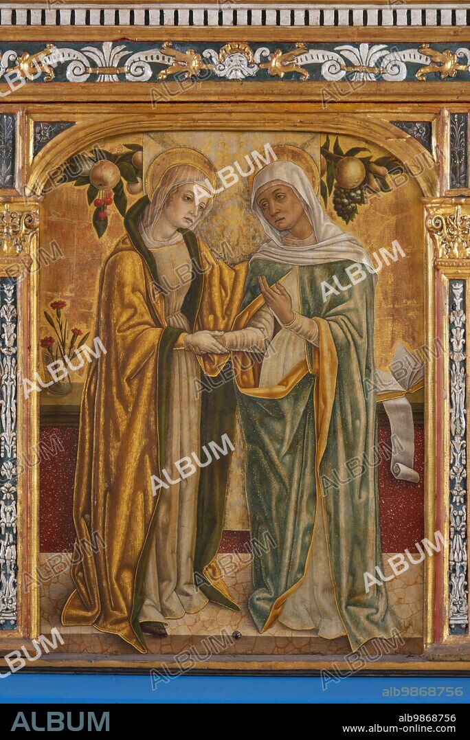 Sant'Elpidio a Mare (Italy, Marche - province of Fermo), Vittore Civic Art Gallery. Vittore Crivelli, Triptych of the Visitation, (1490-95), from the church of Minori Osservanti, tempera on wood. From left to right, St. John the Baptist, Visitation (visit of Mary to her cousin Elizabeth), St. Francis, in the upper order the Crucifixion.