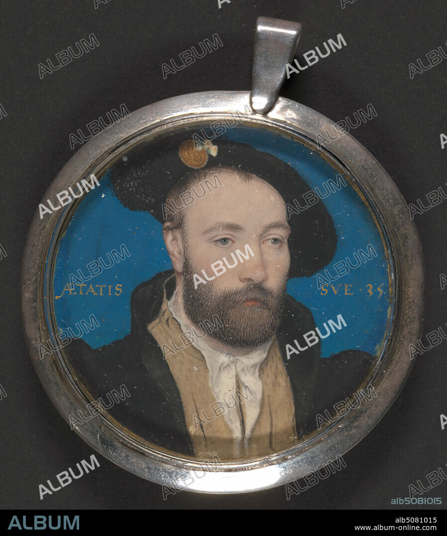 Portrait of a man, probably Sir George Carew (ca.1504-1545), Attributed to Hans Holbein the Younger, ca. 14971543, German, active in Switzerland and England, Formerly attributed to Lucas Horenbout, 1490/951544, Netherlandish, active in Britain, ca. 1540, Gouache and gold on thin card, Sheet: 1 13/16 inches (4.6 cm) and Frame: 2 5/8 x 2 1/4 inches (6.7 x 5.7 cm), beard, headgear, portrait.