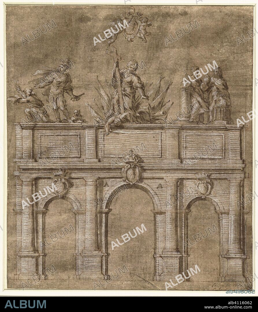 Design for an arch of honor on the occasion of the arrival of Pope Innocent XI in Perugia in 1686. Draughtsman: Carlo Lamparelli. Dating: 1686. Measurements: h 270 mm × w 233 mm.