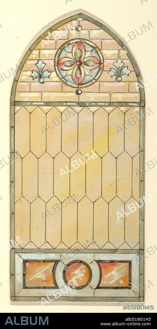 Stained glass window, John C. Wolf, Brush and watercolor, white gouache, pen and black ink, graphite on illustration board, Pointed arch stained glass window with geometric lead pane in soft yellow; lunette containing circular medallion with pink flower on blue; small blue plants on either side; below tripartite orange shapes framed in green., USA, 18901900, glasswares, Drawing, Drawing.