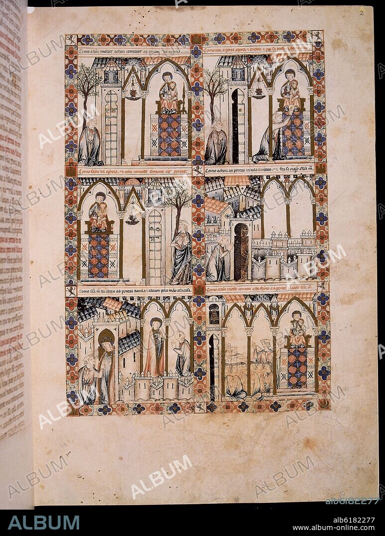 ALFONSO X OF CASTILE THE WISE. MS B.R.20- CANTIGA DE SANTA MARIA - Nº246 - F2R - LA VIRGEN ABRE LAS PUERTAS DE LA IGLESIA A UNA MUJER DEVOTA - SIGLO XIII.