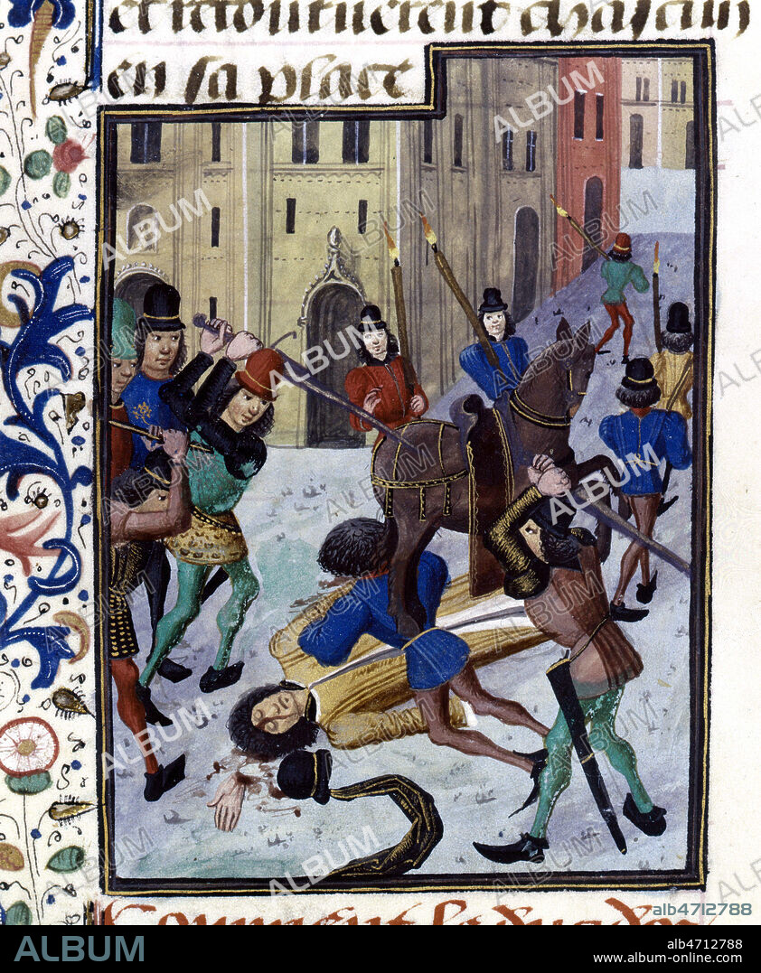 Assassinat de LOUIS D'ORLEANS, en 1407 (frere de Charles VI). Enluminure tiree des Grandes Chroniques du XIVeme s. (14e, 14eme s.). Credit : Collection JEAN VIGNE / KHARBINE-TAPABOR.