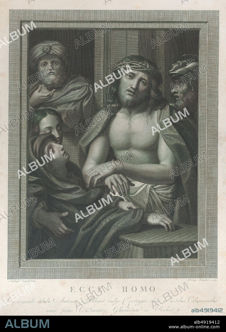 Pietro Antonio Leone Bettelini, Ecce Homo, with Pontius Pilate behind him at left, the Virgin fainting at lower left, and a soldier at right, Pietro Antonio Leone Bettelini (Italian, Lugano 17631829 Rome), Intermediary draftsman Stephano Tofanelli (Italian, 17521812), After Correggio (Antonio Allegri) (Italian, Correggio, active by 1514died 1534 Correggio), 17831812, Engraving, Image: 16 1/2 × 12 13/16 in. (41.9 × 32.6 cm), Sheet: 19 1/2 in. × 14 in. (49.5 × 35.5 cm), Prints.