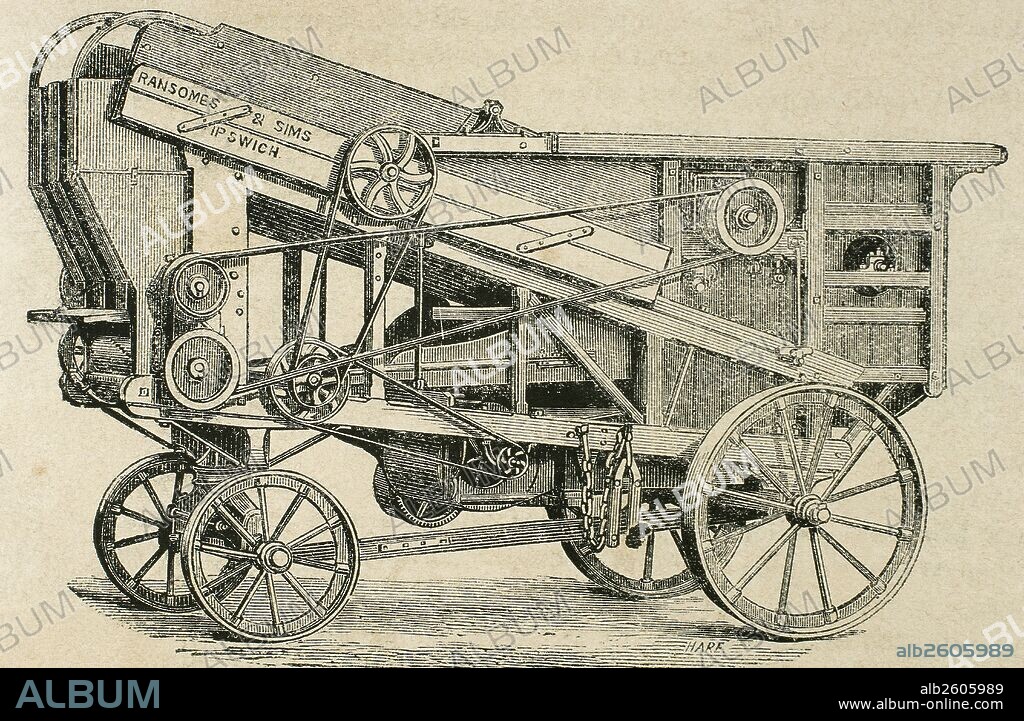 REVOLUCION INDUSTRIAL. INTRODUCCIÓN DE LA MAQUINARIA EN LA AGRICULTURA. "MAQUINA TRILLADORA" de la "serie H". Grabado de "La Ilustración Española y Americana" por Haure, año 1870.