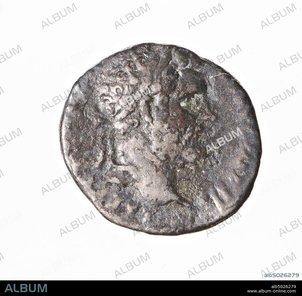 Vz: laureated head n.r., L SEPT SEV PERT AUG IMP III, Kz: Bacchus n.l. with oinochoë on panther and thyrsos, LIBERO PATRI, coin, denarius, Septimius Severus, metal, silver, Diam. 17 mm, wt. 2.37 gr, roman 194, the Netherlands, South Holland, Katwijk, Valkenburg.