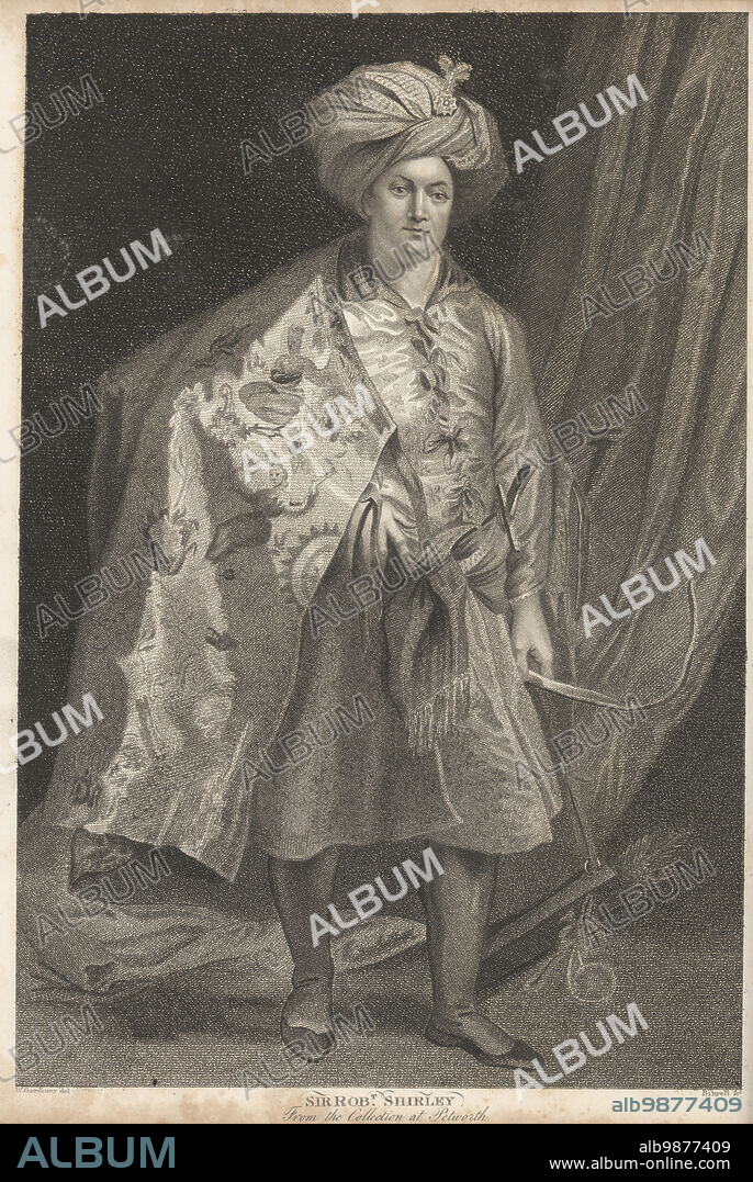 Sir Robert Shirley, English traveller and adventurer, c.1581-1628. Younger brother of Sir Anthony Shirley and Sir Thomas Shirley. Notable for his help modernising the Persian Safavid army. In Persian costume with turban and embroidered cloak. From a portrait by Anthony van Dyke painted in Rome in 1622. Copperplate engraving by Birrell after W. Gardiner from John Adolphus The British Cabinet, containing Portraits of Illustrious Personages, printed by T. Bensley for E. Harding, 98 Pall Mall, London, 1799.