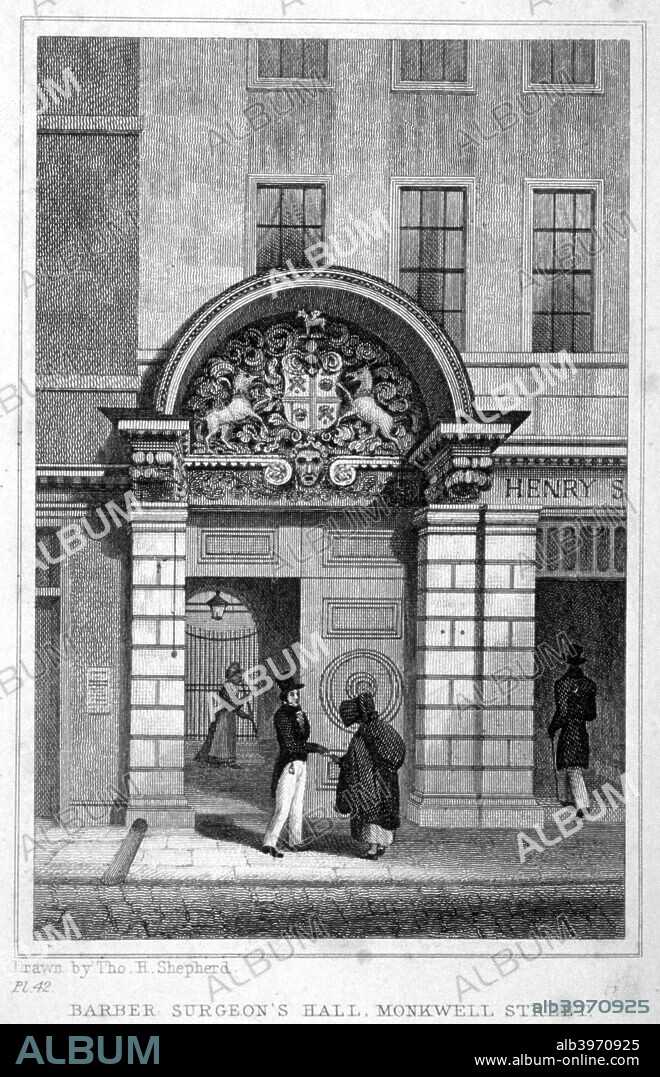 Entrance to Barber Surgeons' Hall, City of London, 1830; with figures.
