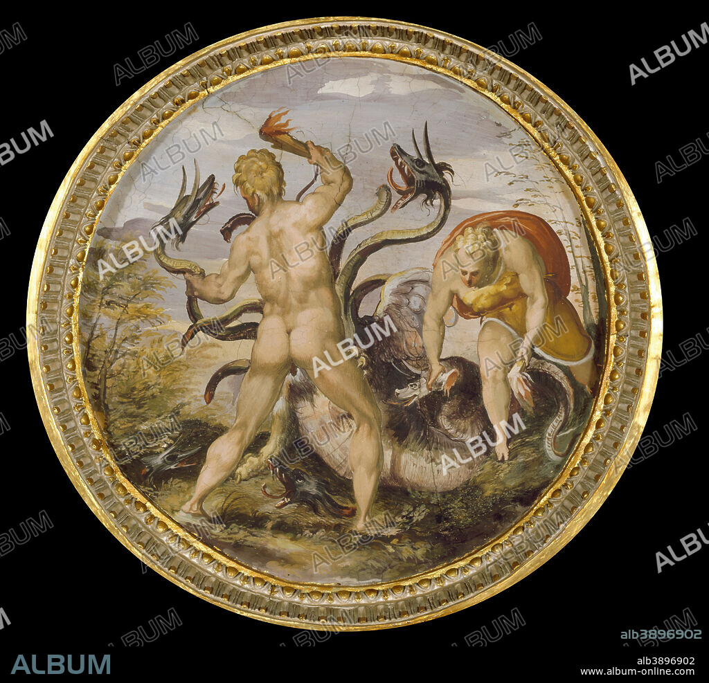 MARCO MARCHETTI FROM FAENZA. Hercules and the hydra from Lerna. Date/Period: 1555 - 1556. Oil painting on wood. Height: 80 mm (3.14 in); Width: 80 mm (3.14 in).