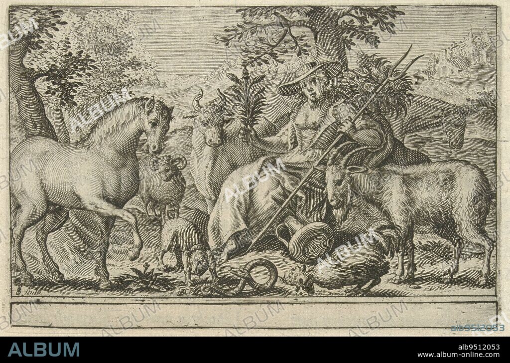 Landscape with the goddess Pales (Roman goddess of shepherds, agriculture and cattle breeding), surrounded by various animals. With an empty margin under the representation. Beneath the print and on the reverse in Dutch, Pales., print maker: Simon van de Passe, (mentioned on object), unknown, 1627, paper, engraving, letterpress printing, h 83 mm × w 125 mm, h 216 mm × w 157 mm.
