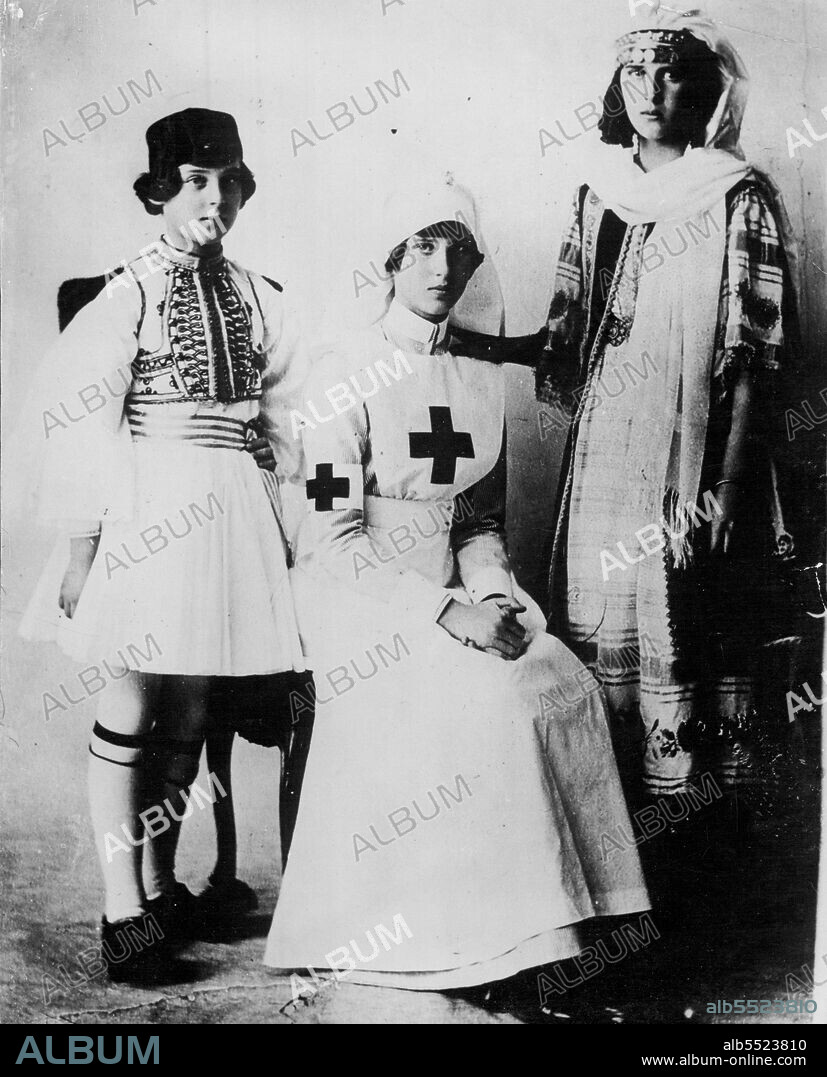 Princess Marina In Fancy Dress -- L to R) Princess Marina as a Grecian soldier, with ***** sisters, Princess Olga as a nurse and Princess Elizabeth gipsy girl. January 21, 1935. (Photo by Keystone).
