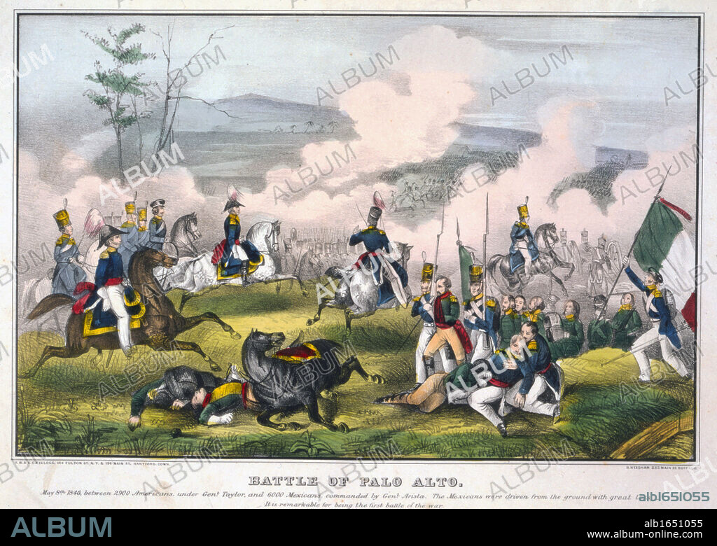 Mexican-American War 1846-1848: Battle of Palo Alto, 8 May 1846, near what is now Brownsville, Texas. US force sunder General Zachary Taylor defeated Mexicans under aria no Aristae. Hand-coloured engraving.