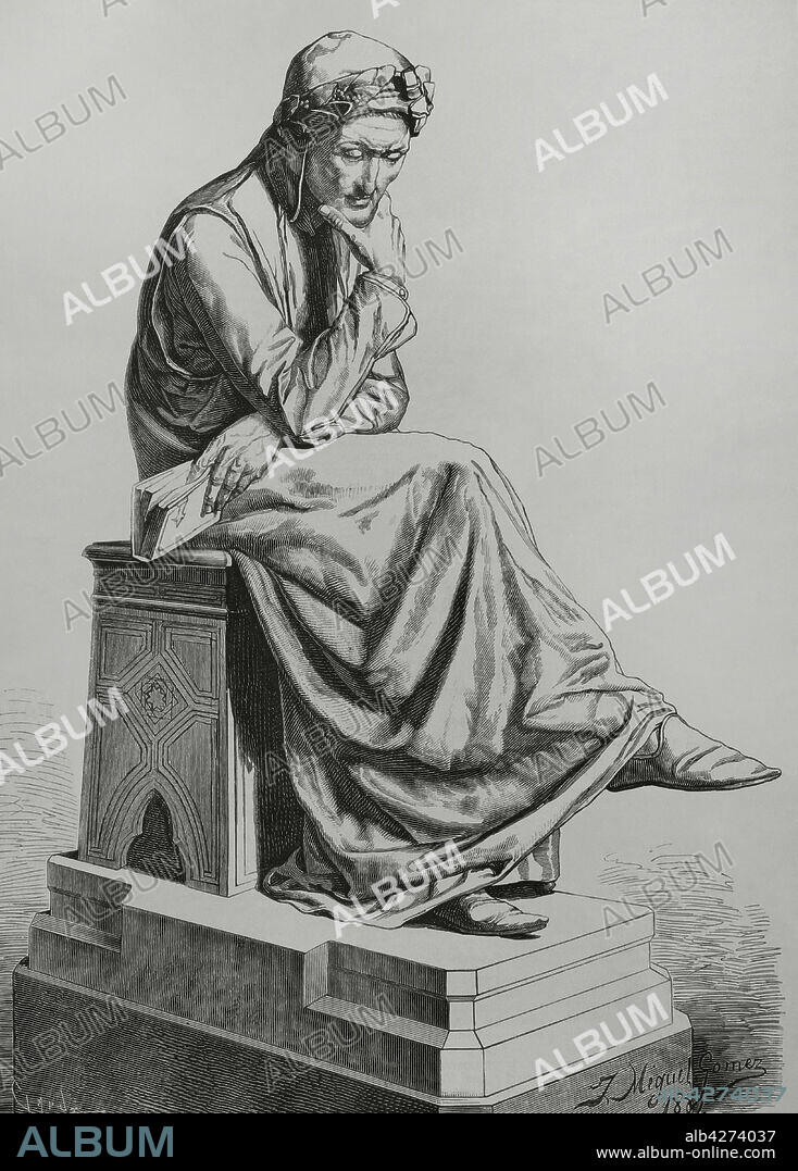 TOMÁS CARLOS CAPUZ (1834-1899). SPANISH ENGRAVER.. Dante Alighieri (1265-1321). Italian poet, author of the Divine Comedy. Drawing by J. Miguel Gómez after a sculpture by Jerónimo Suñol (1839-1902) in 1864. Engraving by Capuz. La Ilustración Española y Americana, 1882.
