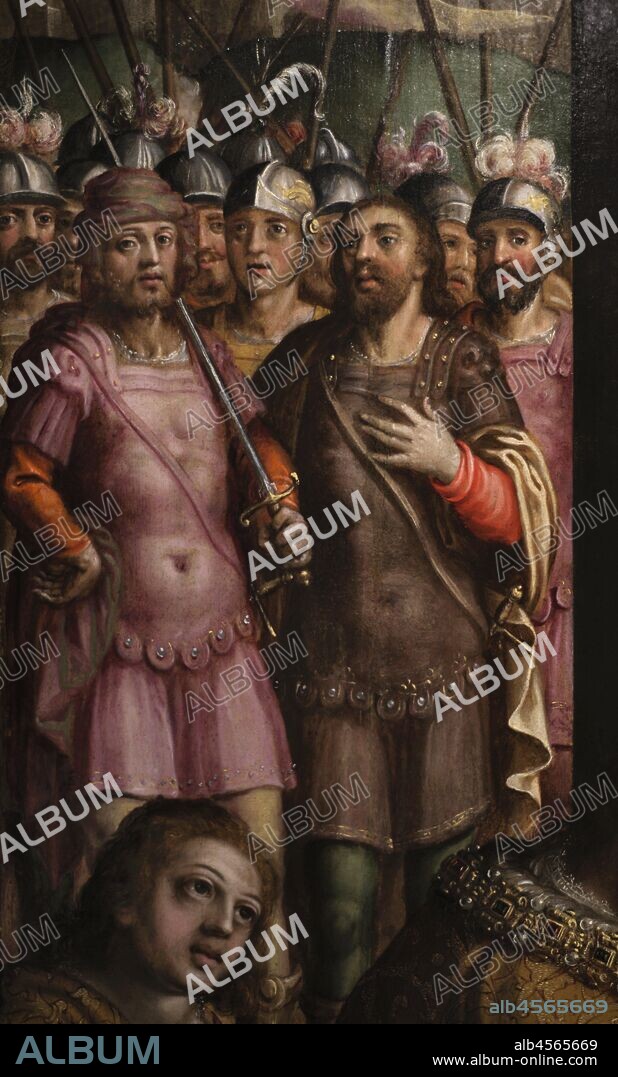 Totila (516-552). Rey de los Ostrogodos. Conversión del Rey Totila por San Benito en Montecassino (detalle), hacia 1590, por Diogo Teixeira (1540-1612) y Antonio da Costa (siglos XVI-XVII). Museo de la Misericordia de Porto (Museu da Misericordia do Porto). Oporto (Porto). Portugal.