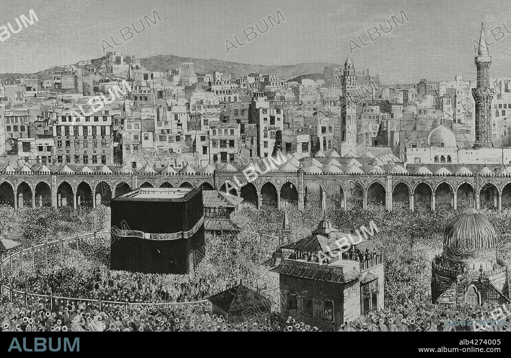 Saudi Arabia, Mecca. General view of the city. In the centre of al-Masjid al-Haram Mosque, the Kaaba, which houses the "Black Stone. Engraving. Detail. La Ilustración Española y Americana, 1882.