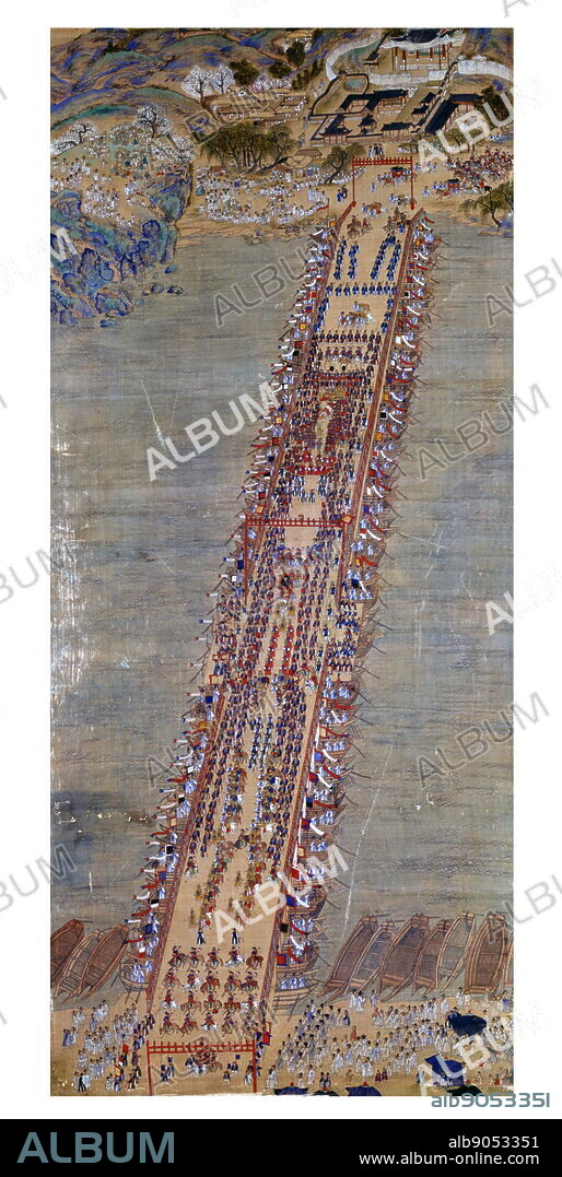Eight-day procession led by King Jeongjo. Procession crossing the Han River over a Pontoon Bridge at Noryangjin, 1795. Jeongjo of Joseon (1752 - 1800); 22nd ruler of the Joseon Dynasty of Korea (r. 1776-1800). He made various attempts to reform and improve the nation of Korea. He succeeded his grandfather King Yeongjo (r. 1724-1776) and was succeeded by his son King Sunjo (r. 1800-1834).