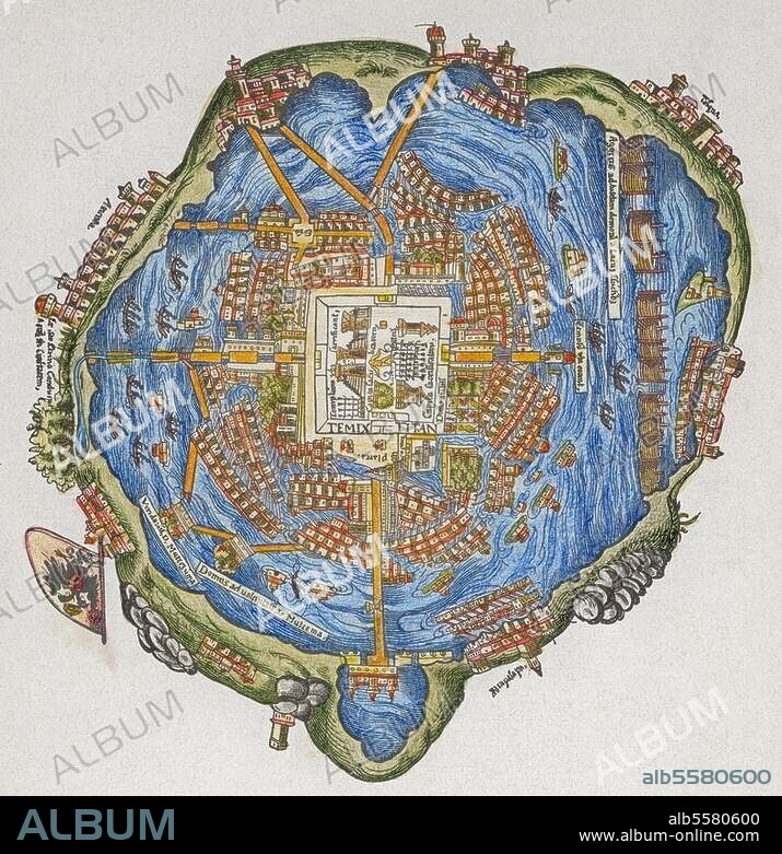 ANONYME. Tenochtitlan (Mexico), capitale des Aztèques, à l'emplacement de l'actuelle Mexico. Plan de la ville de Tenochtitlan. Grav. sur bois, 1524, coloriée. Tiré de l'édition des lettres de Hernando Cortez à Charles Quint, Nuremberg, 1524.