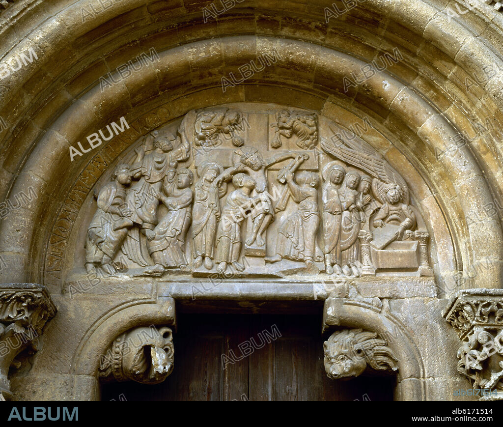 MAESTRO ESTEBAN (S. XII). EXTERIOR- TIMPANO DE LA PUERTA DEL PERDON: DESCENDIMIENTO,MARIAS ANTE SEPULCRO Y ASCENSION - SIGLO XII - ROMANICO ESPAÑOL.